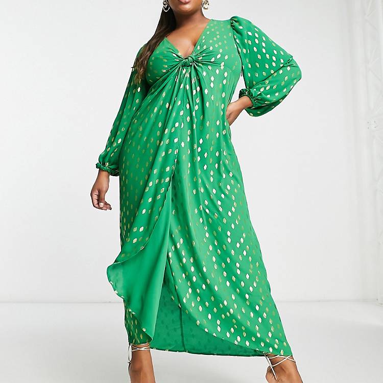 Vila Curve knot front midi dress with gold spot in bright green