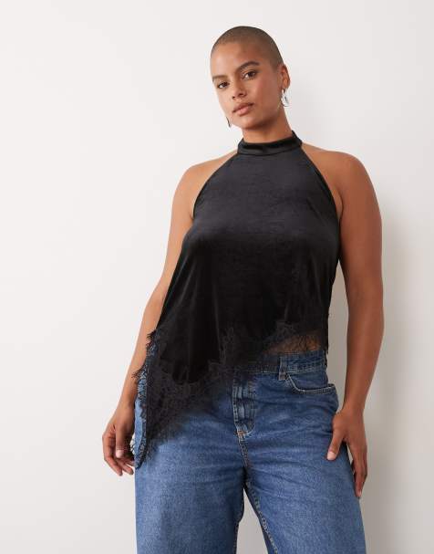 Vila Curve lace trim velvet cami top set in black - view 1