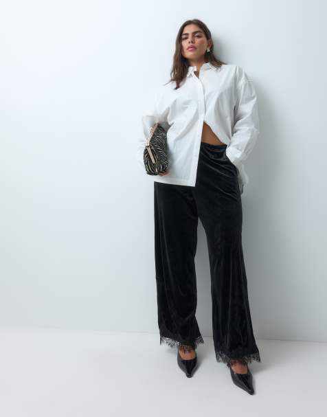 Vila Curve lace trim wide leg velvet pants in black - view 1