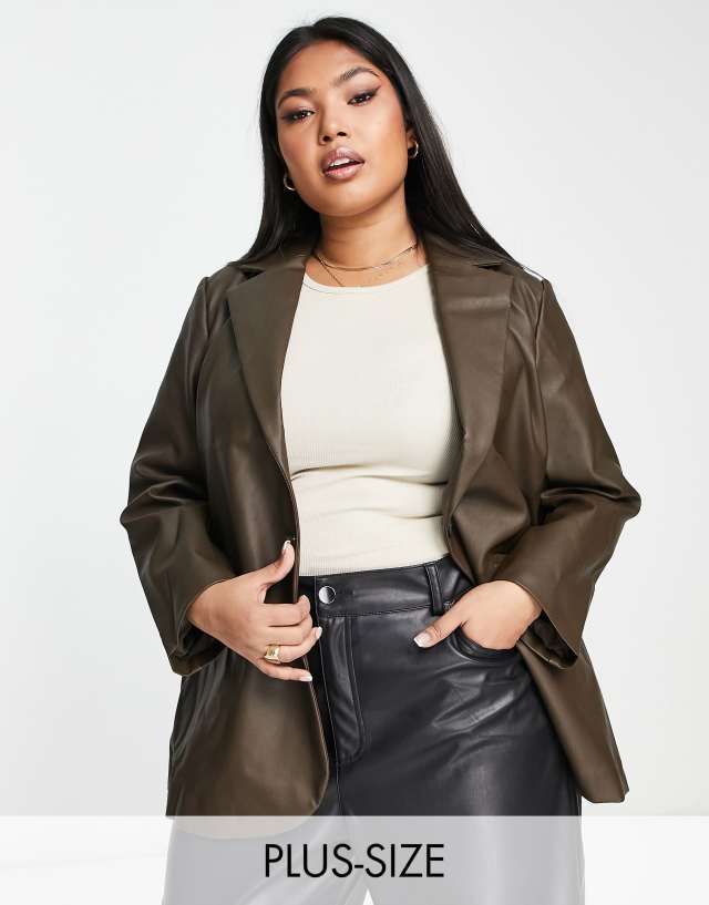 Vila Curve leather look blazer in brown