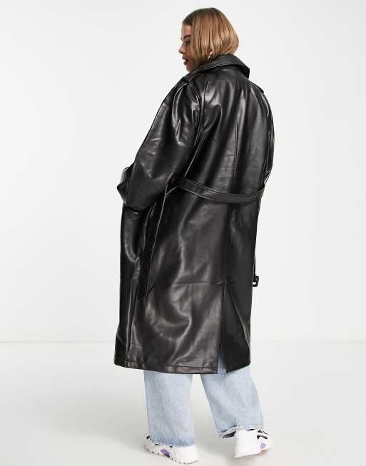 Vila Curve leather look trench coat in black, 2 of 4