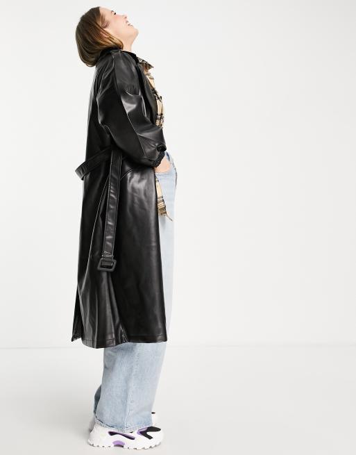 Vila Curve leather look trench coat in black, 4 of 4