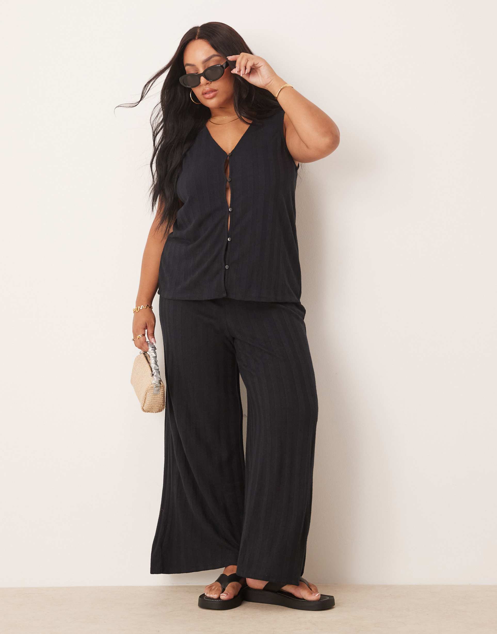 vila curve lightweight knitted wide leg pants in black - part of a set