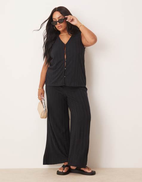 Vila Curve lightweight knitted wide leg trouser co-ord in black