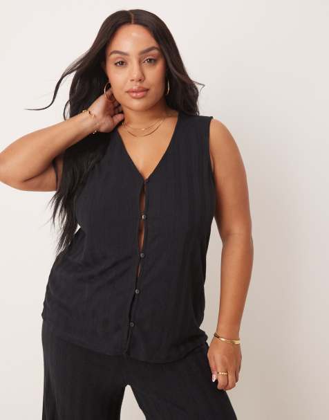 VILA Curve lightweight rib knit sleeveless waistcoat in black (part of a set) - view 1