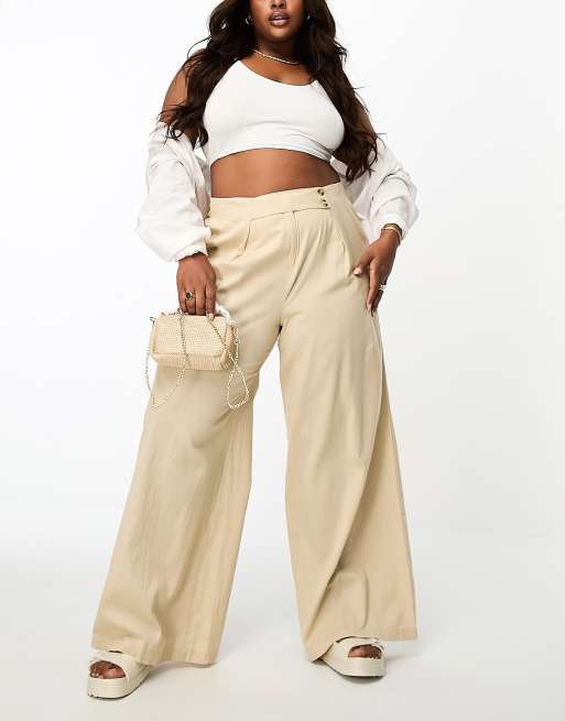 Linen Blend Button High Waist Pants