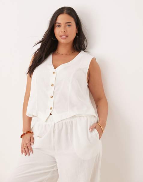 Vila Curve linen touch cropped tailored waistcoat co-ord in white