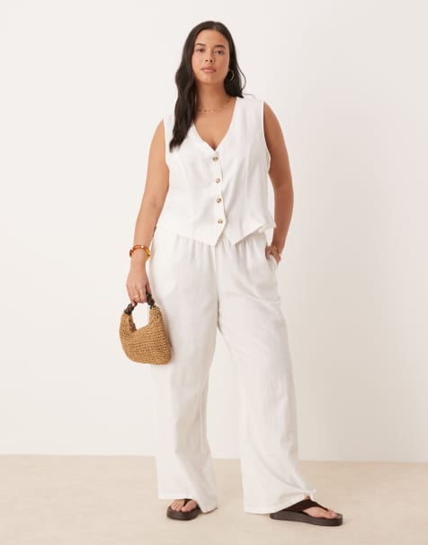 Vila Curve linen touch tailored wide leg trouser co-ord in white - view 1