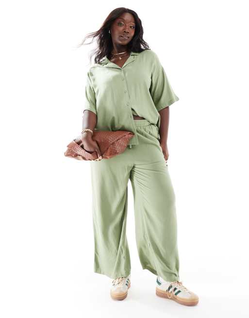Vila Curve linen touch tie waist wide leg pants in green (part of a set)