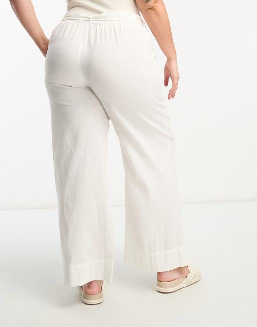 Vila Curve linen touch tie waist wide leg pants in white