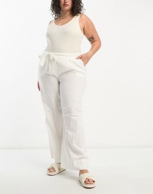 Vila Curve linen touch tie waist wide leg trousers in white - ASOS Price Checker