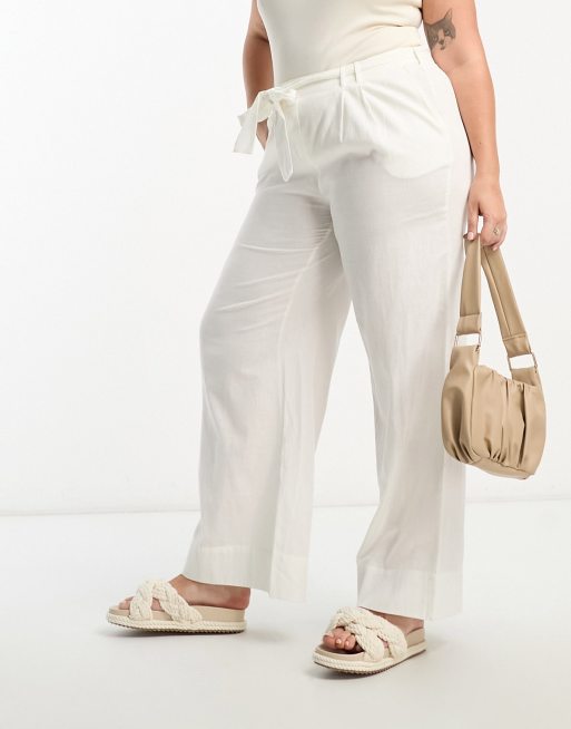 Vila Petite linen touch wide leg pants in white