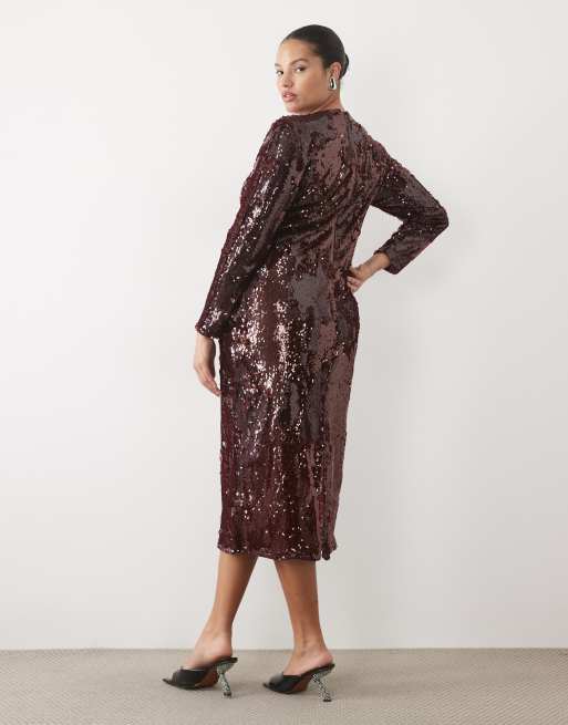 Vila Curve long sleeve sequin maxi dress in burgundy, 2 of 4