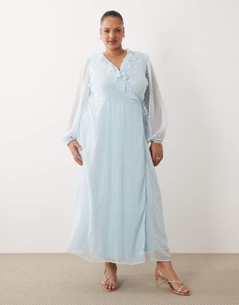 VILA Curve long sleeve textured chiffon maxi dress in light blue - view 1