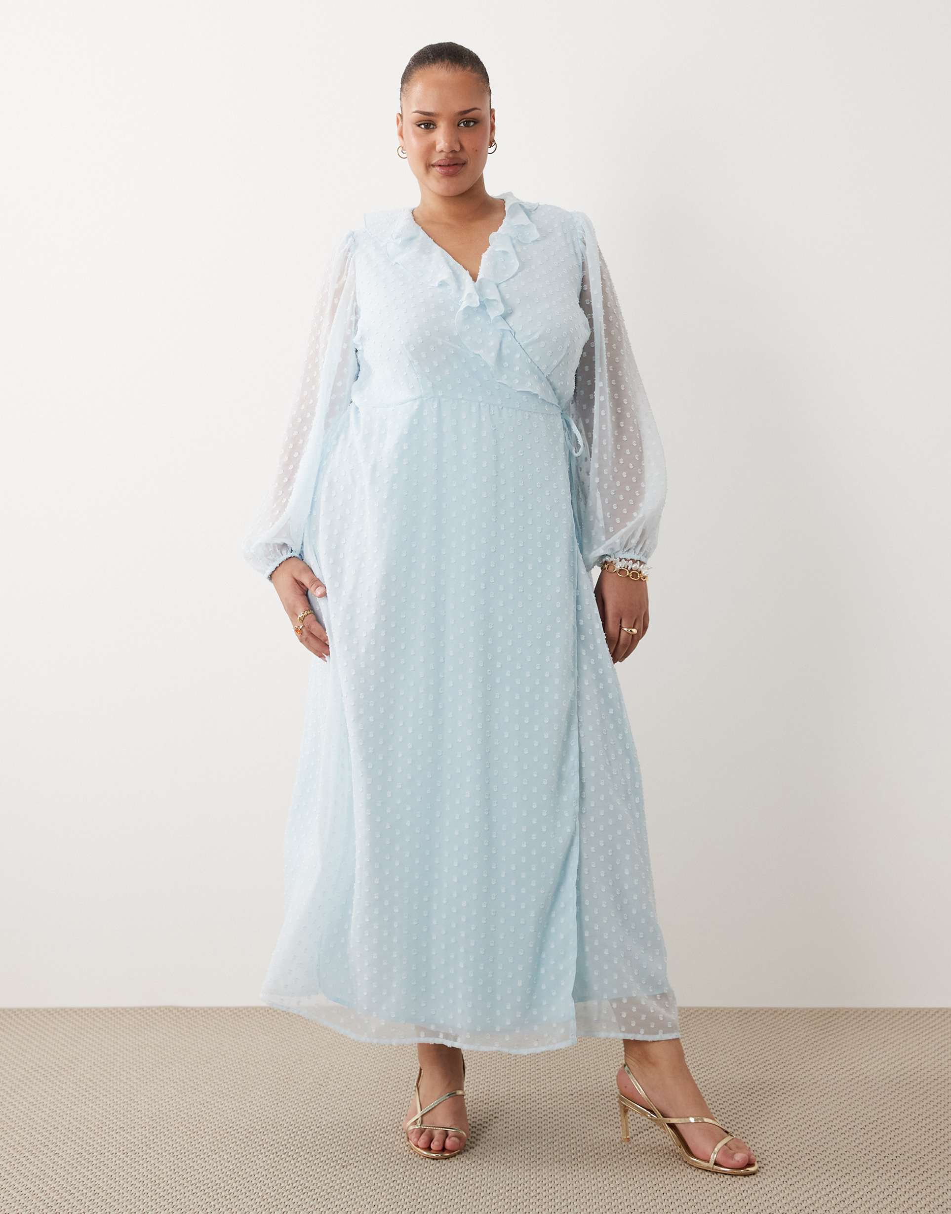 vila curve long sleeve textured chiffon maxi dress in light blue