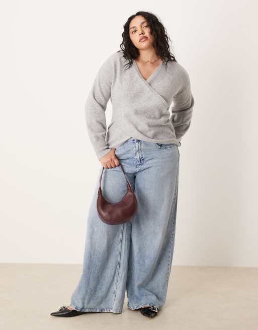 VILA Curve - Maglione a portafoglio in maglia grigia, 2 di 4