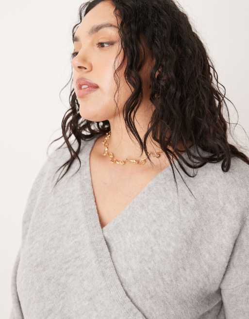 VILA Curve - Maglione a portafoglio in maglia grigia, 4 di 4