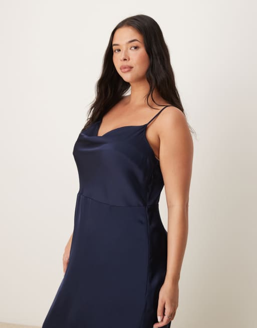 Vila Curve - Marineblå cami-maxikjole i satin med vandfaldsudskæring, 4 af 4