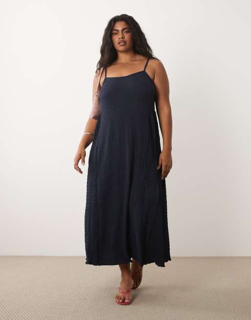 Vila Curve - Marineblå midikjole med cami-stropper og taljedetaljer i jacquard-jersey, 2 af 4