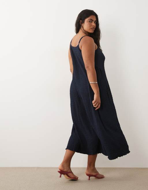 Vila Curve - Marineblå midikjole med cami-stropper og taljedetaljer i jacquard-jersey, 4 af 4