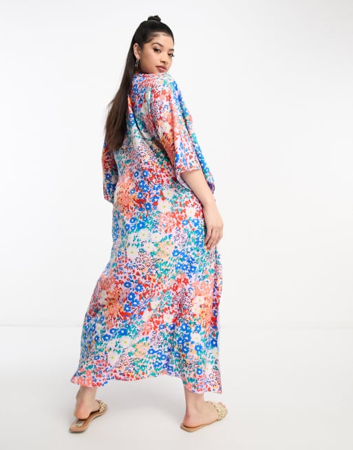 Vila Curve maxi beach kaftan in blue mixed floral