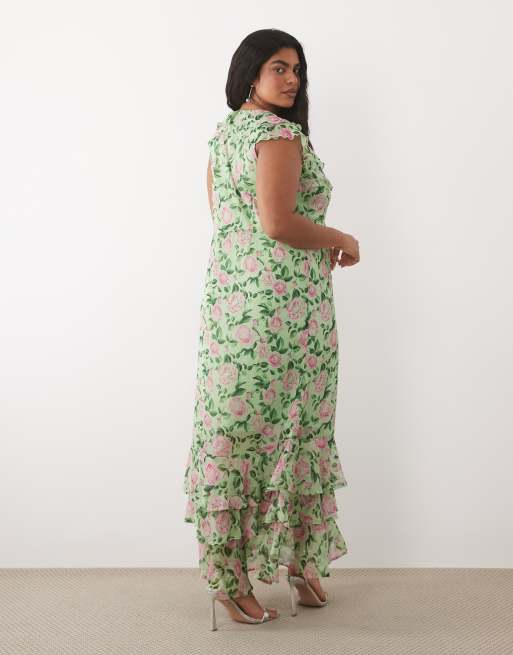 VILA Curve - Maxi jurk met fladdermouwen en rozenprint in saliegroen, 4 van 4