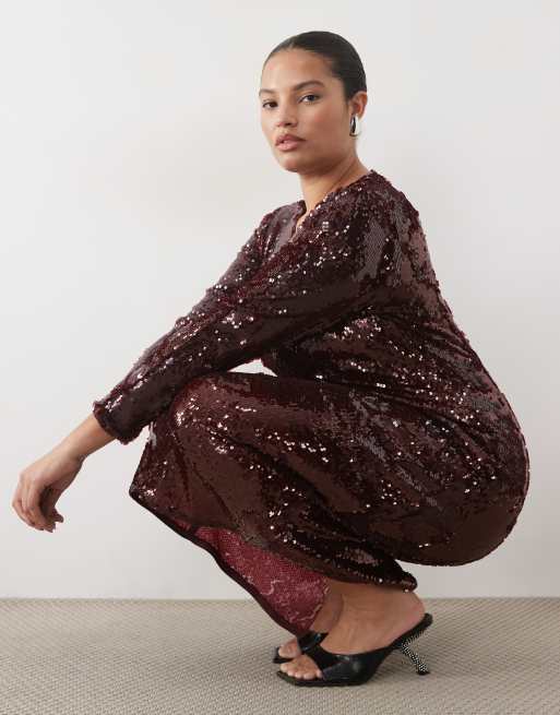 Vila Curve maxi jurk met lange mouwen en lovertjes in bordeauxrood, 3 van 4