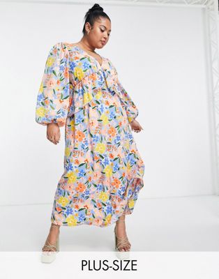 Vila Curve maxi smock floral dress with volume sleeves and frill in bright blue
