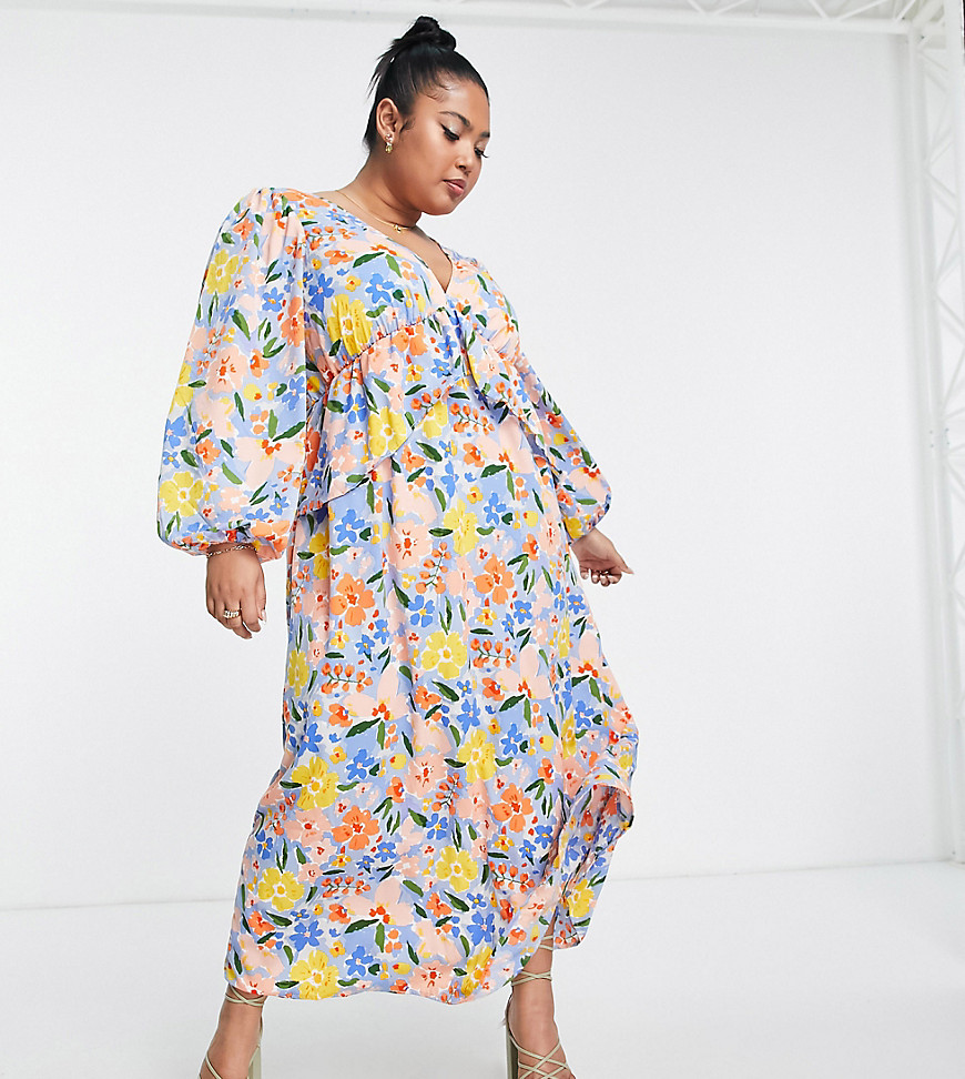 vila curve maxi smock floral dress with volume sleeves and frill in bright blue