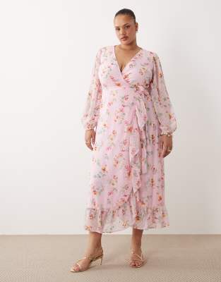 Maxi-Wickelkleid aus Dobby-Stoff in Kirschblütenrosa mit Rüschen und Blumenmuster Rosa 48