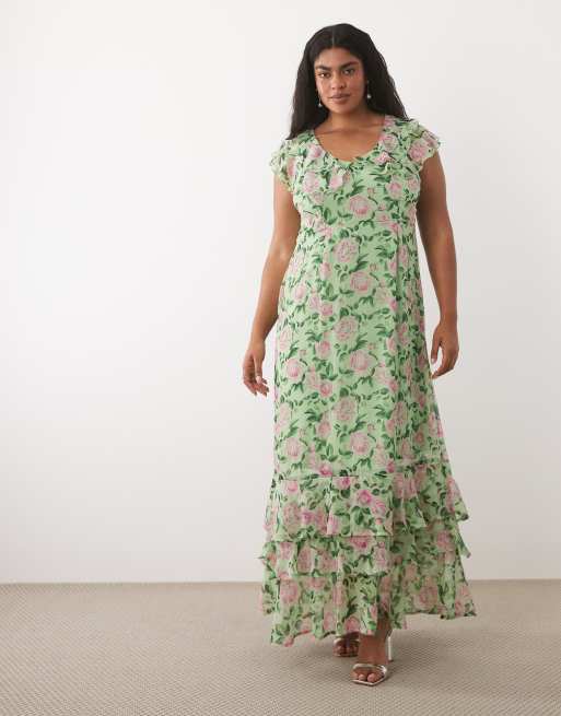 VILA Curve – Maxikleid in Salbeigrün mit Rosenmuster und Flatterärmeln, 3 von 4