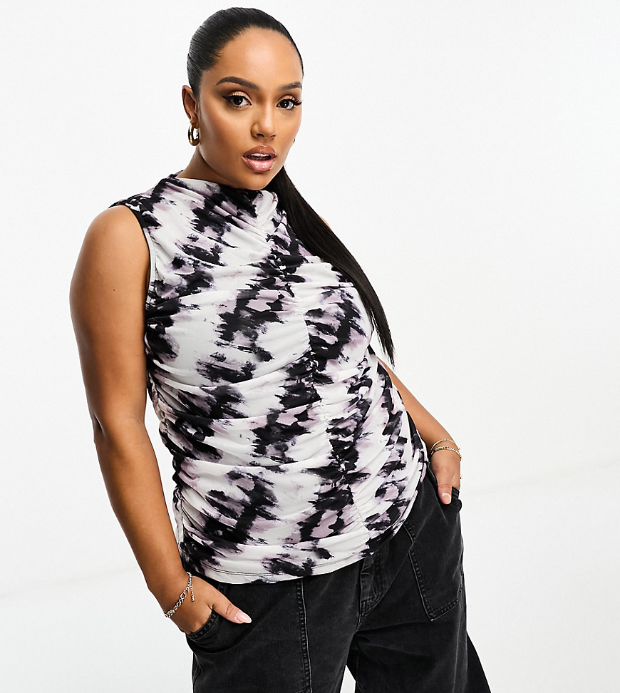 Vila Curve mesh ruched sleeveless top in black abstract print