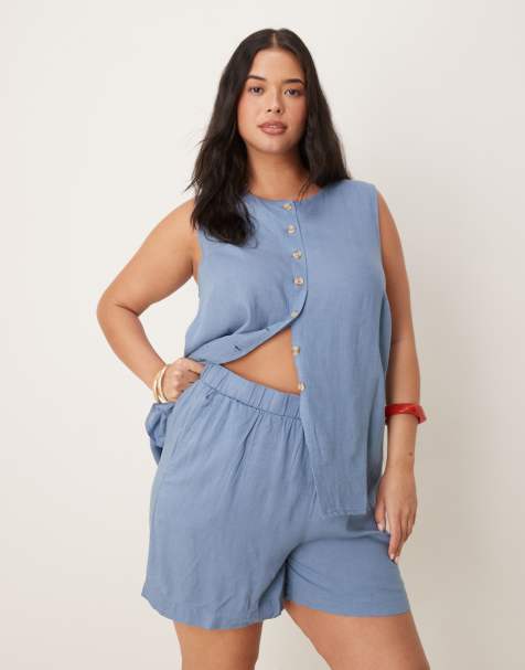 Vila Curve high waisted full short co-ord in chambray blue
