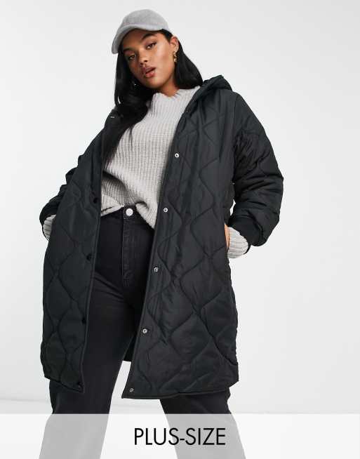 Vila Curve onion quilted coat with hood in Black | ASOS