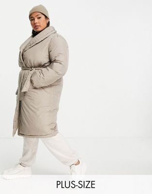 Vila Curve padded wrap coat with belt in stone