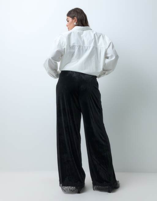 Vila Curve pantaloni in velluto a gamba larga con profili in pizzo, co-ord neri, 4 di 5