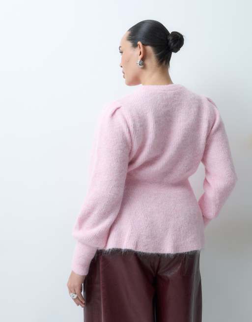 Vila Curve peplum hem rib knitted jumper in ballet pink, 4 of 5
