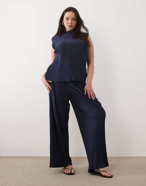 Vila Curve - Plissé broek met wijde pijpen in marineblauw, deel van co-ord set - view 1