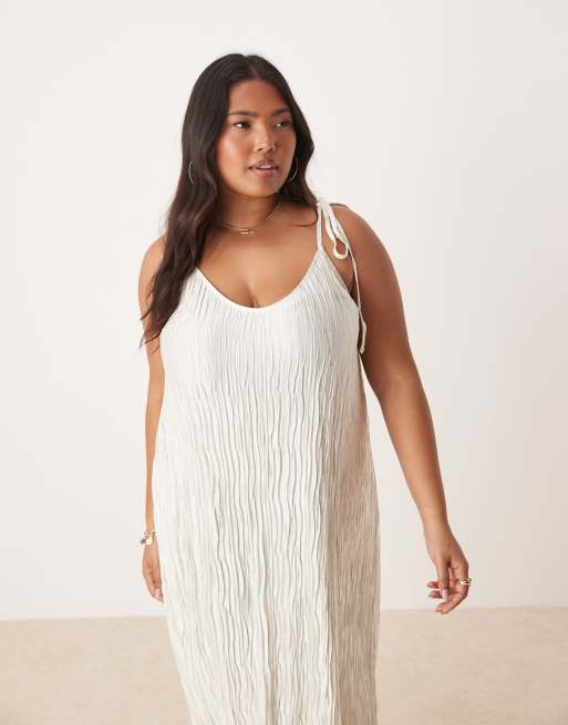 VILA Curve plisse cami maxi slip dress in pale silt green tie dye