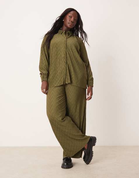 Vila Curve plisse shirt and pants set in dark olive - view 1