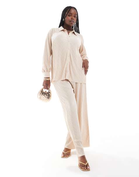 Vila Curve plisse shirt and wide leg trouser co-ord in cream - view 1