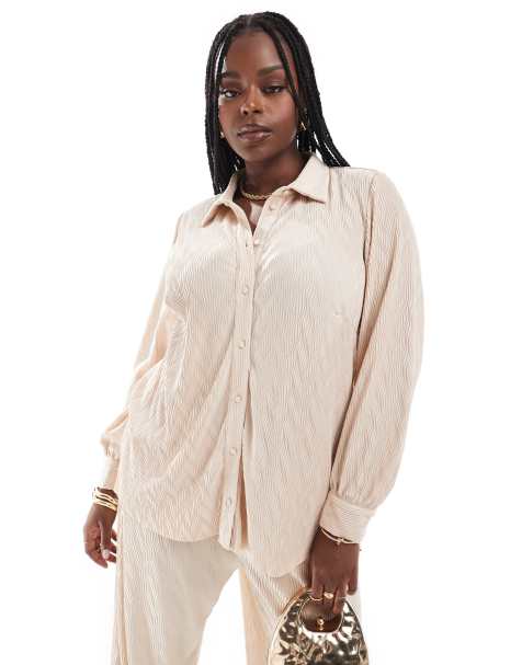 Vila Curve plisse shirt co-ord in cream - view 1