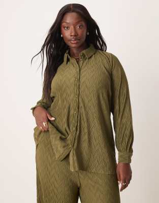 Vila Curve Vila Curve plisse shirt co-ord in dark olive-Green