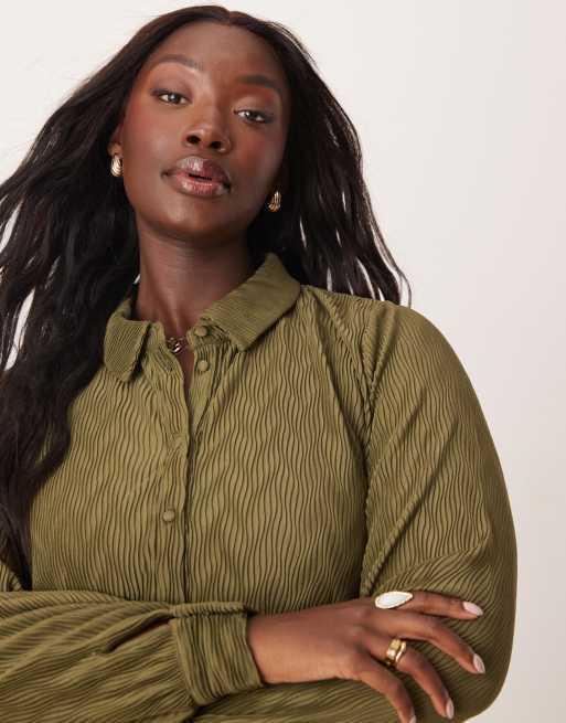 Vila Curve plisse shirt in dark olive - part of a set | ASOS