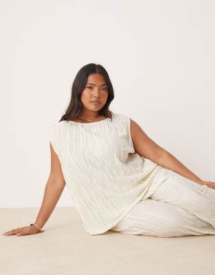 plisse slash neck sleeveless top in pale silt green tie dye - part of a set-White