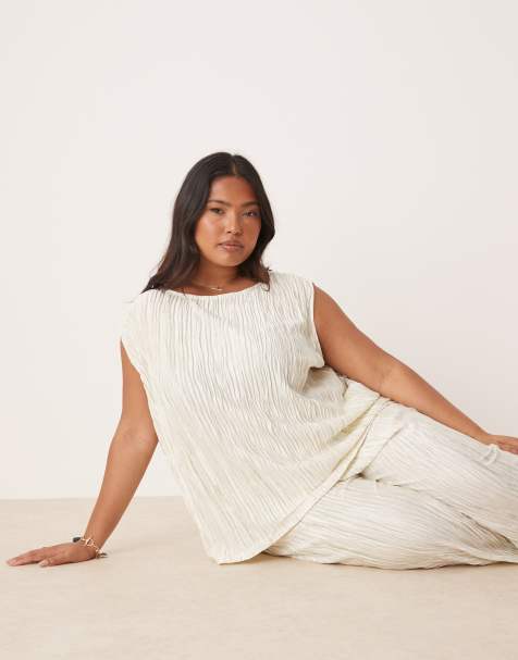 VILA Curve plisse slash neck sleeveless top in pale silt green tie dye (part of a set) - view 1