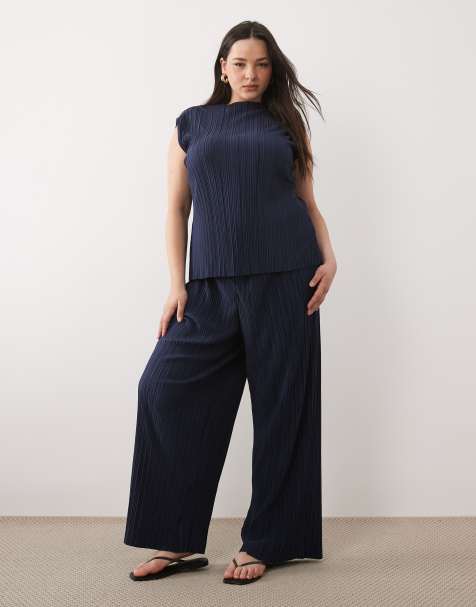 Vila Curve plisse sleeveless top and wide leg trousers set in navy - view 1