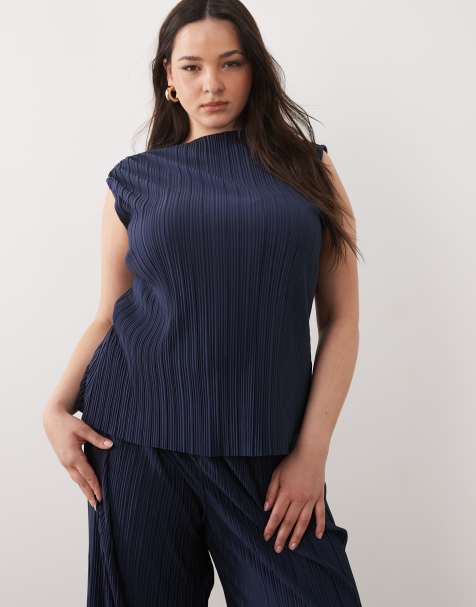 Vila Curve plisse sleeveless top co-ord in navy - view 1