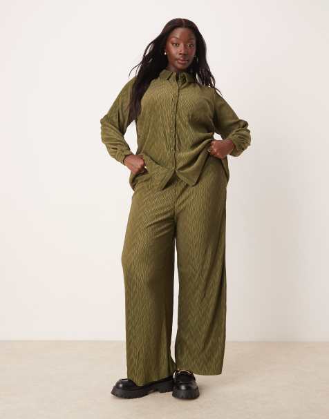 VILA Curve plisse wide leg pants in dark olive - part of a set - view 1