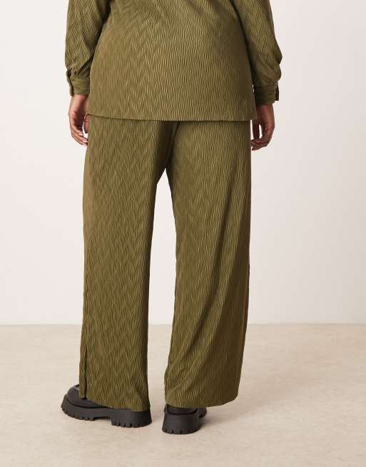 VILA Curve plisse wide leg pants in dark olive - part of a set, 2 of 5